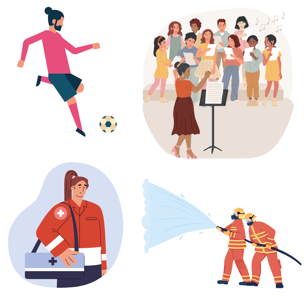 Es werden verschieden Vereinethematisiert. Sport: ein Fußballspieler, Musik: Ein Chor mit Chorleiterin, Rotes Kreuz: eine Helferin, Freiwillige Feuerwehr: zwei Feuerwehrleute bei Löscharbeiten.
