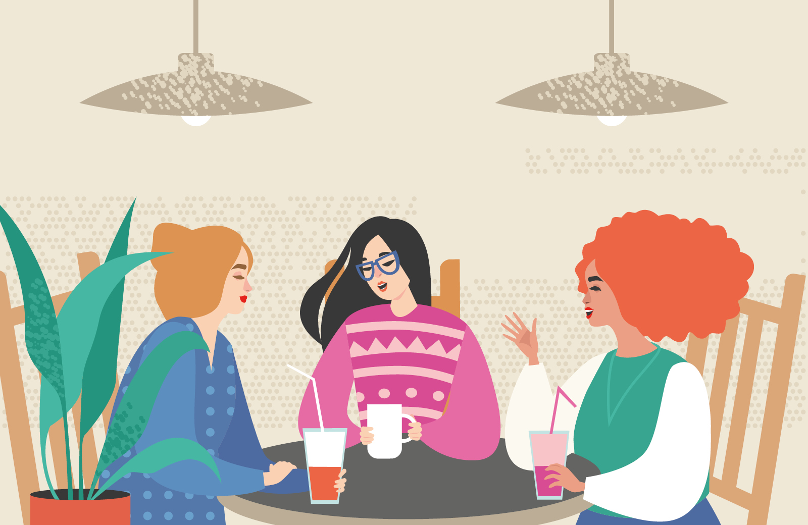Drei Frauen sitzen an einem Tisch, trinken Kaffee und Softdrinks und unterhalten sich.